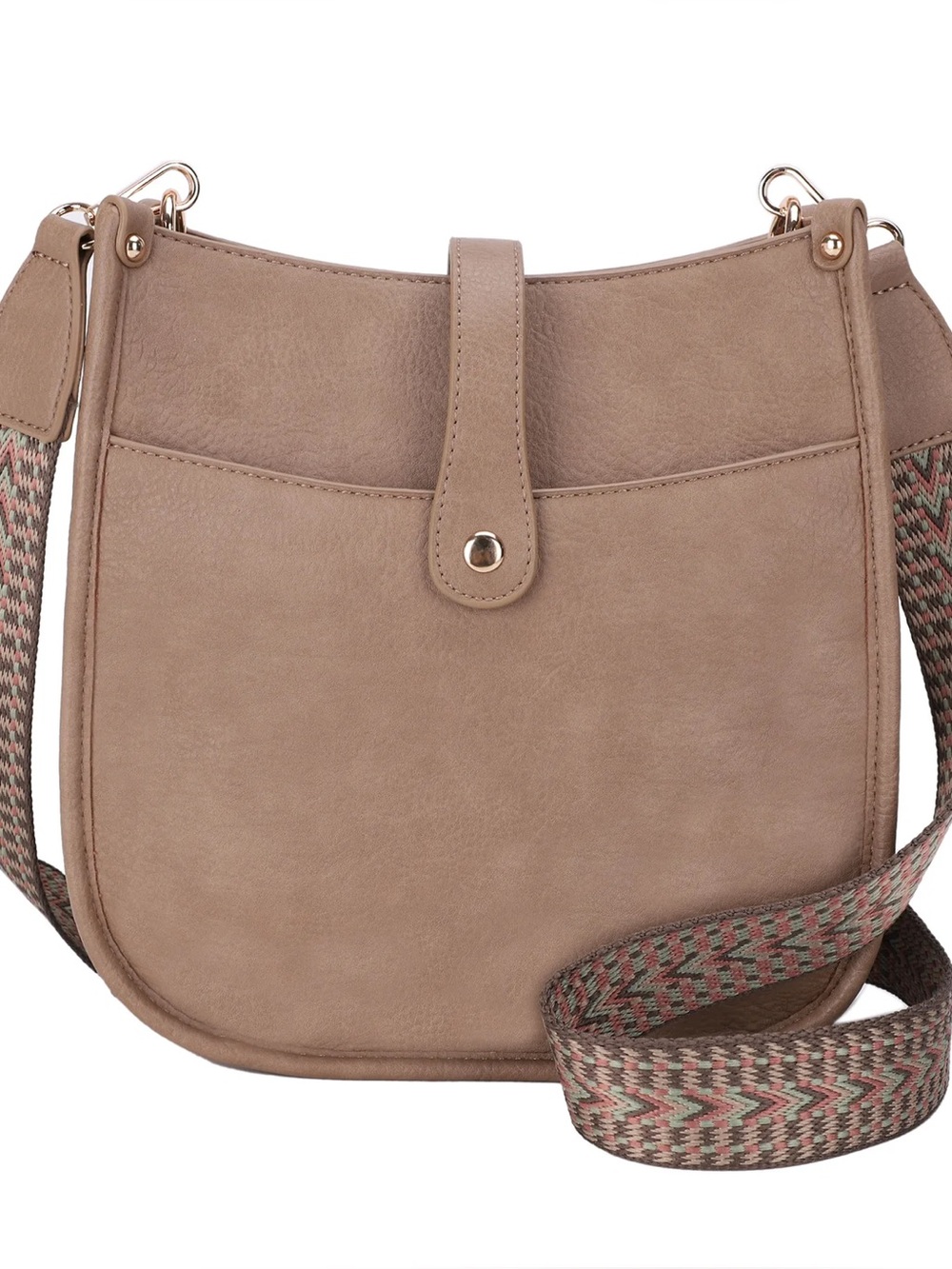 Malibu Skye Vegan Leather Taupe Crossbody Saddle Bag with Patterned Strap